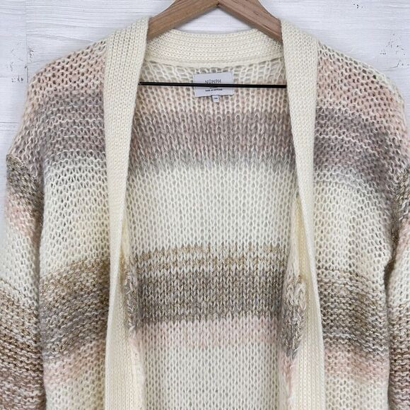 Anthropologie Numph Open Front Long Cardigan XS Stripe Cream Chunky Knit Mohair - Picture 3 of 16